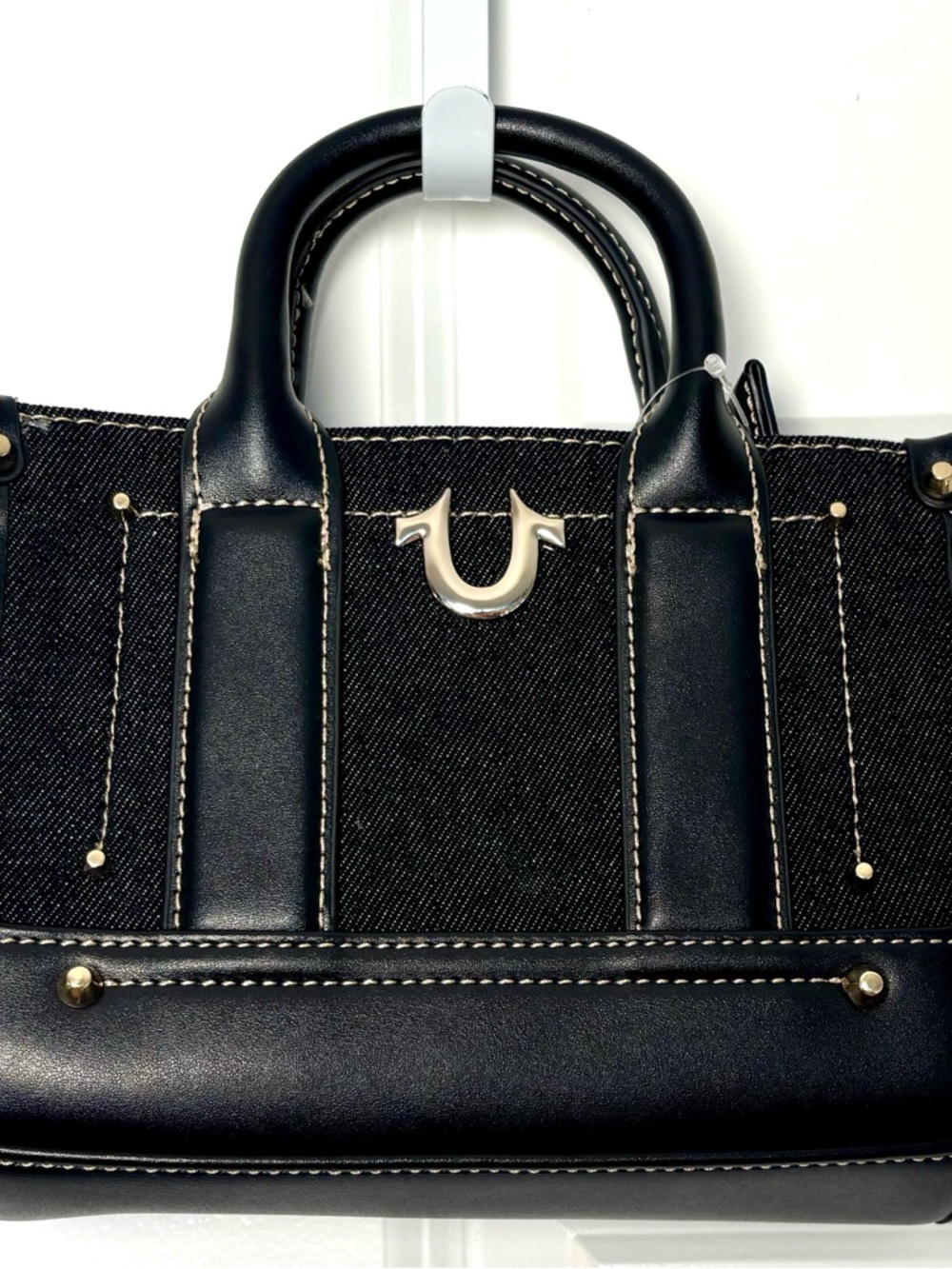 True Religion Black Denim & Leather Horseshoe Logo Gold-Tone Small Tote Handbag